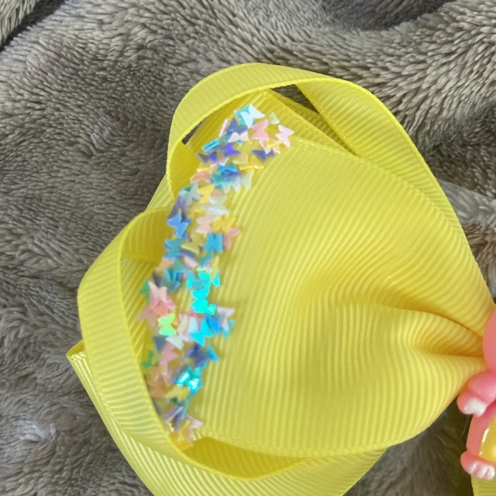 Yellow cartoon labubu Hair Bow with butterfly glitter accents new
